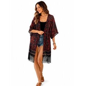 Multi Color Pattern Kimono Poolside Fringe Med Cocktail Travel Casual Festival